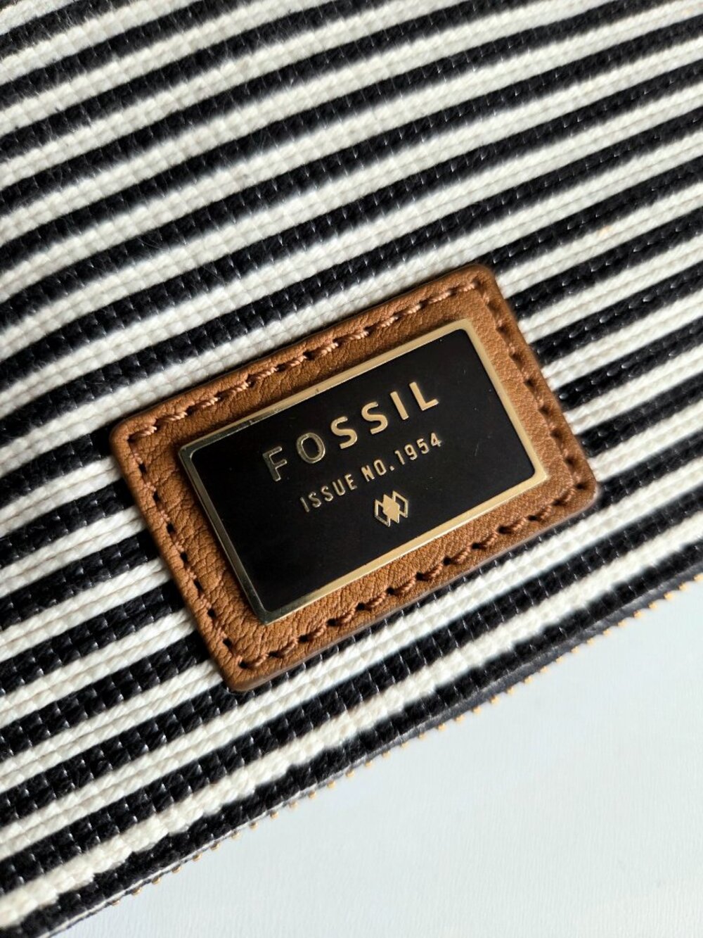 Fossil Leather and Stripy Fabric Crossbody Handbag AS IS